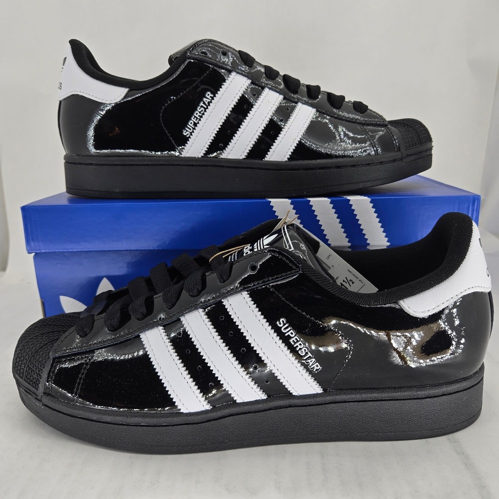 Adidas Superstar II Black Patent White Stripes Mens 10.5 JR7313 Shell Toe Shoes
